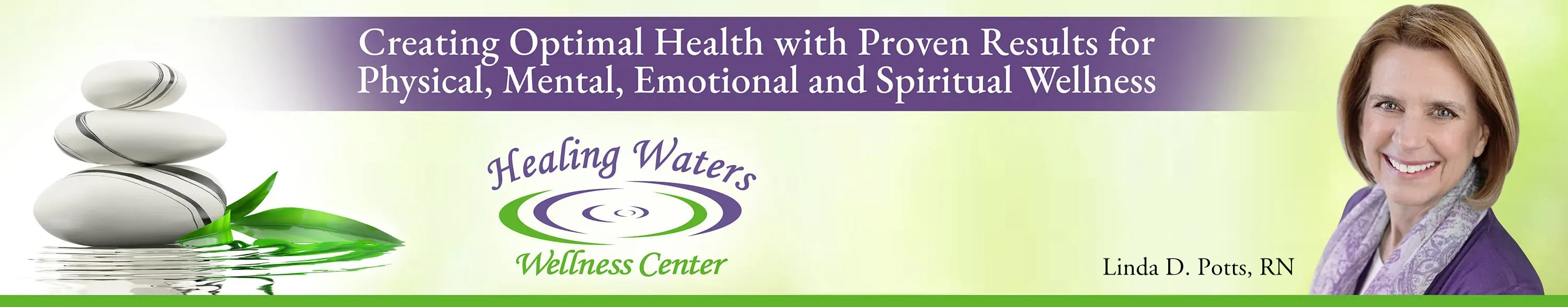 banner for Healing Waters Wellness Center with photo of Linda D. Potts, RN